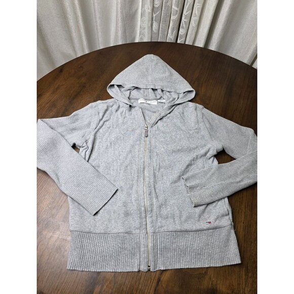 Tommy Hilfiger Women's Gray Cotton Hoodie Knit Sleeve Full-Zip Sweater Large - Picture 1 of 14